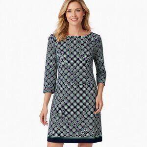 Talbots Womens Shift Dress 8 Geometric Print Blue Green 3/4 Sleeve